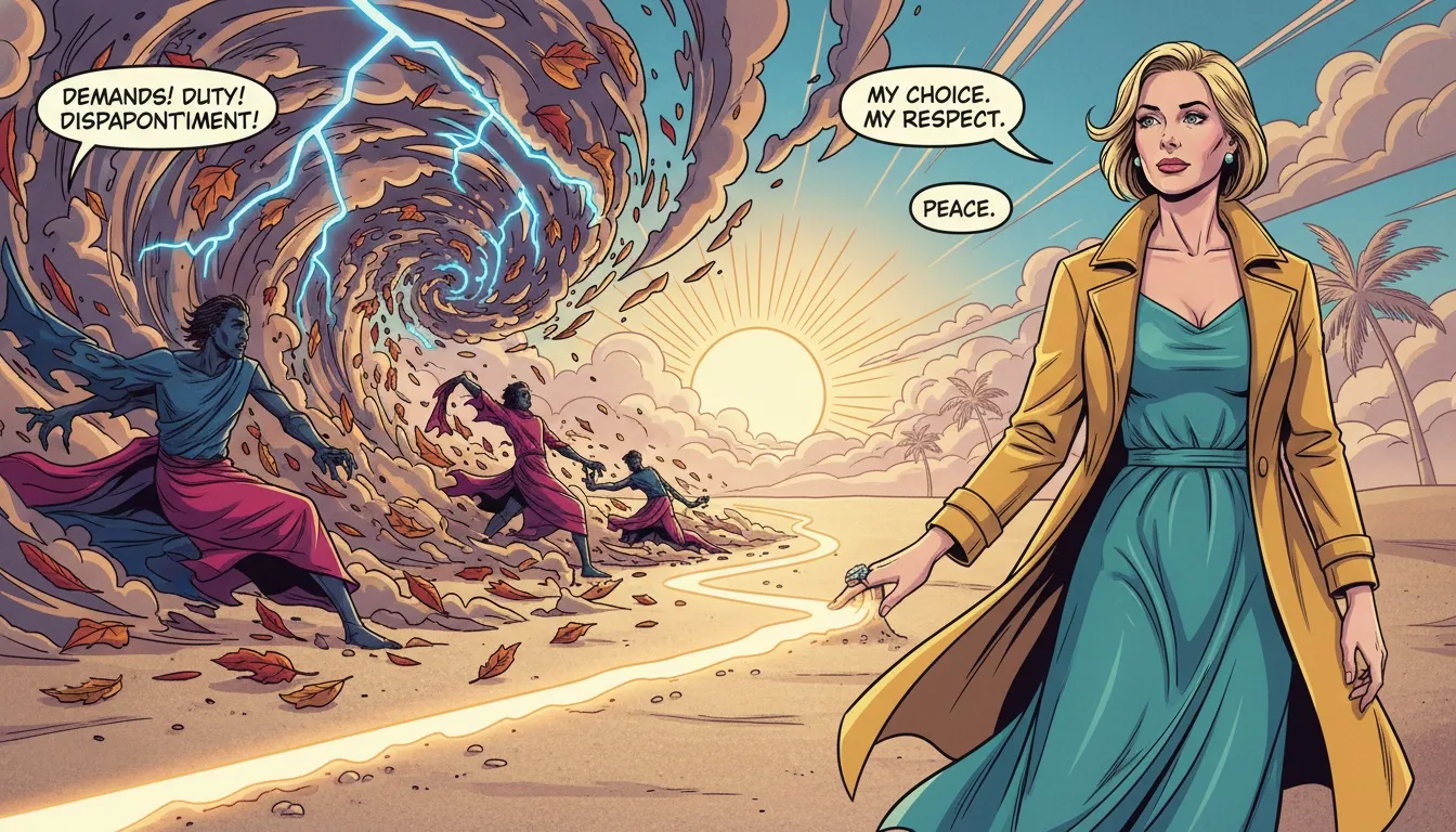 A person finds peace after setting boundaries based on mbti type, illustrated by a glowing line drawn in the sand that separates chaos from calm. Filename: setting-boundaries-based-on-mbti-type-bestie-ai.webp