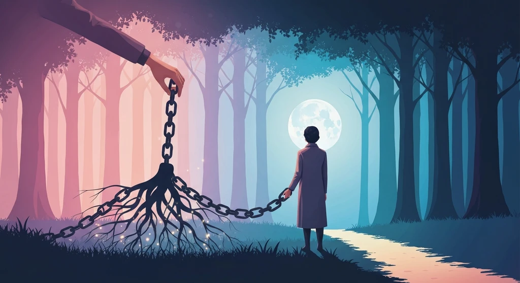 A person releasing an iron chain symbolizing setting boundaries with family guilt in a forest - setting-boundaries-with-family-guilt-bestie-ai.webp
