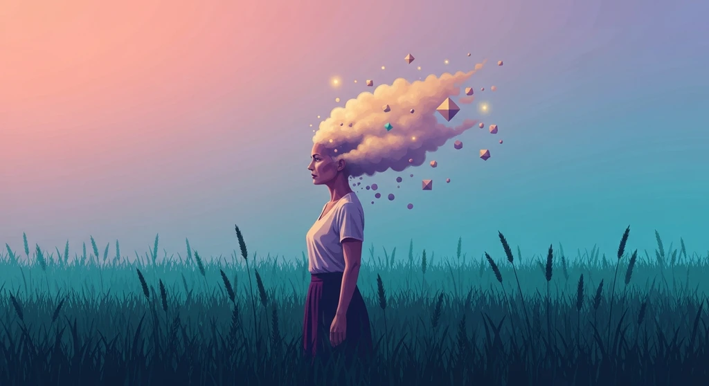 A woman experiencing the cognitive effects of severe pms depicted as a mist of glowing thoughts and soft colors. severe-pms-brain-fog-causes-bestie-ai.webp