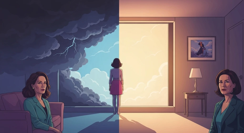 A woman standing between a storm and sunshine representing the emotional shifts of severe pms bestie-ai.webp