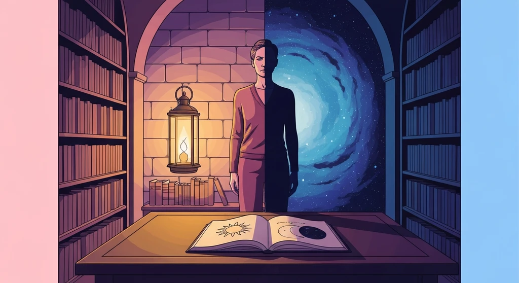 A symbolic representation of shadow work spirituality showing a person balancing light and cosmic darkness in an old library, shadow-work-spirituality-bestie-ai.webp