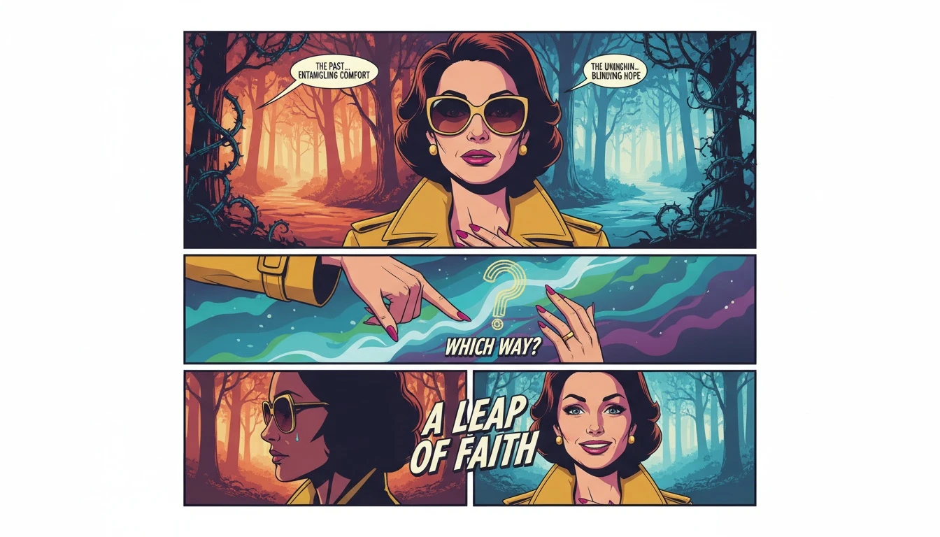 A symbolic image exploring if you should get back with an ex, showing a person choosing between a familiar but flawed past and an unknown future. filename: should-you-get-back-with-an-ex-bestie-ai.webp