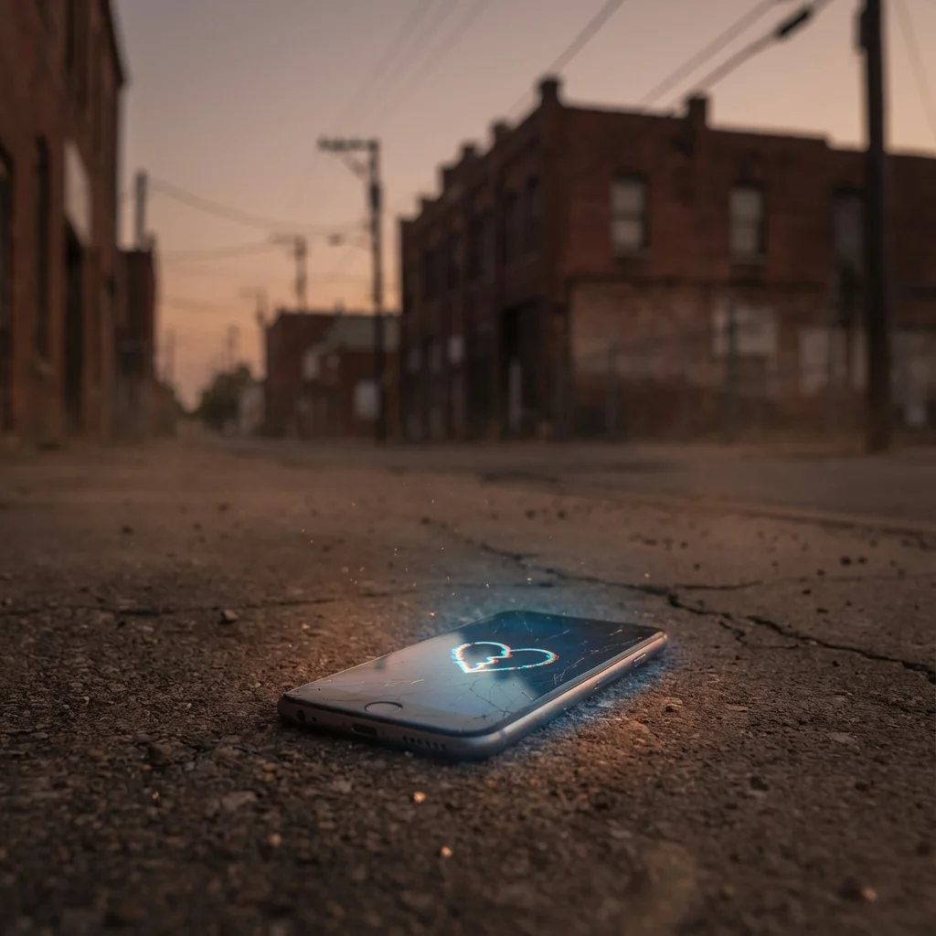A glowing smartphone on a deserted street, symbolizing the emotional fallout and the key signs an ai app is failing. filename: signs-an-ai-app-is-failing-bestie-ai.webp