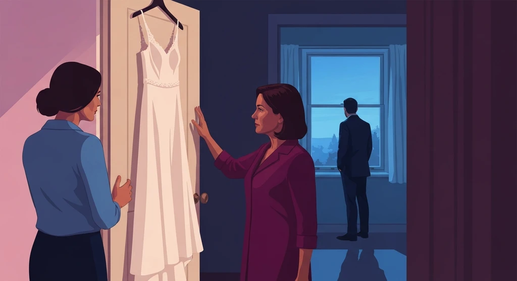 A woman reflecting on the signs he has doubts about marriage while looking at her wedding dress. signs-he-has-doubts-about-marriage-bestie-ai.webp