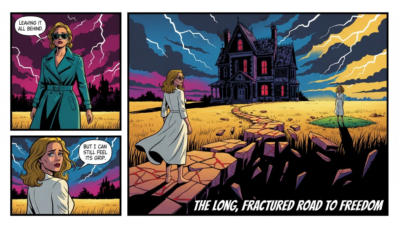 A woman looking back at a stormy house, symbolizing the emotional difficulty of recognizing the signs of a dangerous sibling and choosing safety. filename: signs-of-a-dangerous-sibling-bestie-ai.webp