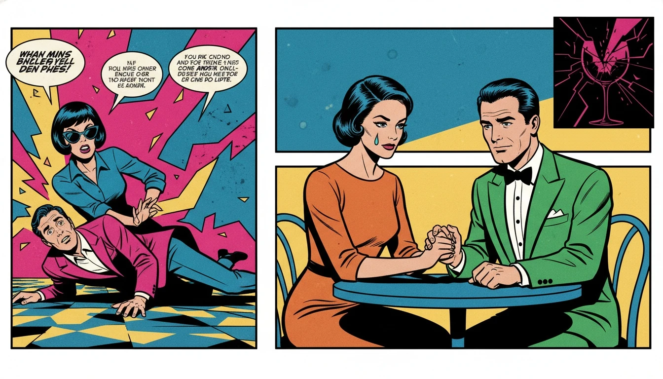 A symbolic image showing the true signs of a healthy relationship offline, represented by two hands clasped warmly on a table, contrasting with a phone displaying a fake celebrity couple. Filename: signs-of-a-healthy-relationship-offline-bestie-ai.webp