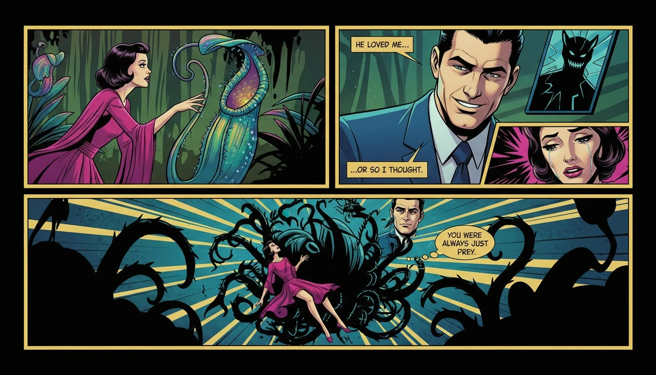 A beautiful but dangerous carnivorous plant, symbolizing the subtle signs of a narcissistic partner who traps you with charm before revealing their true nature. File: signs-of-a-narcissistic-partner-bestie-ai.webp