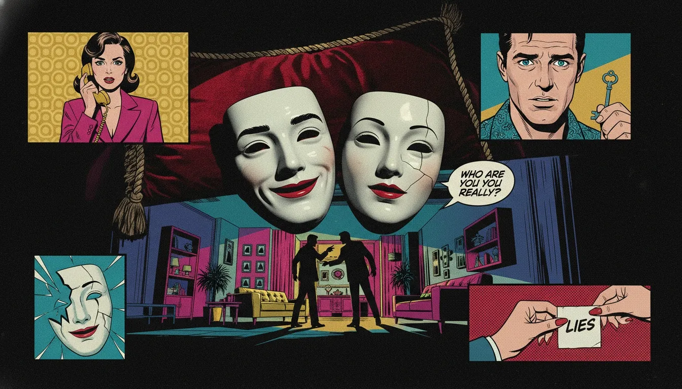 Two masks on a red cushion, representing the subtle signs of a showmance and the inauthenticity of fake celebrity couples. signs-of-a-showmance-bestie-ai.webp