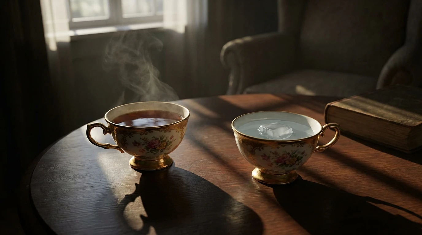 Two teacups on a table illustrating the painful signs of no chemistry in a relationship, one warm and one cold, symbolizing a lack of connection. signs-of-no-chemistry-in-a-relationship-bestie-ai.webp