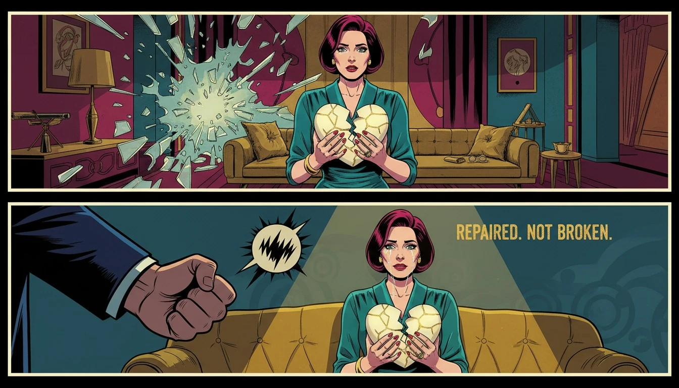 A beautiful kintsugi heart repaired with gold, symbolizing the healing process and the profound signs of relationship trauma being mended with care. filename: signs-of-relationship-trauma-bestie-ai.webp