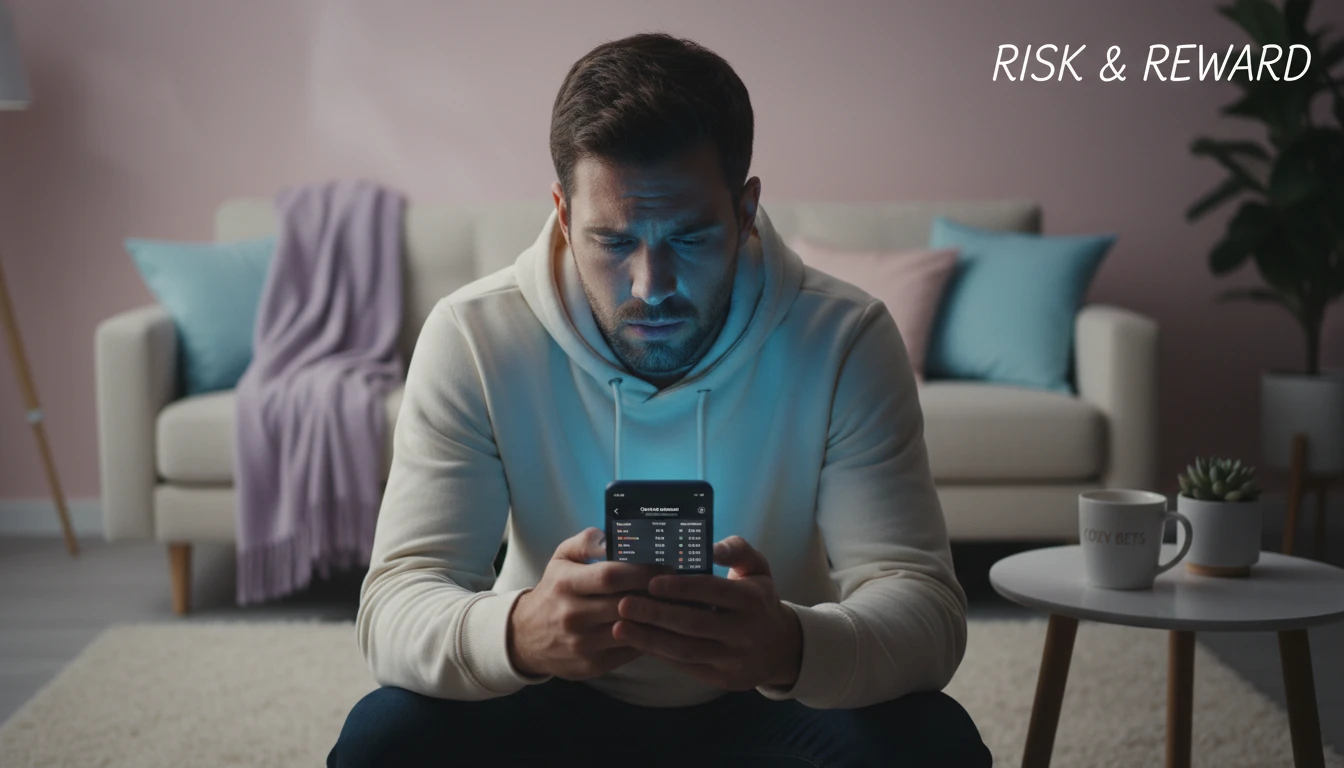 A man anxiously checking a sports betting app on his phone, illustrating the emotional stress associated with the signs of sports betting addiction. signs-of-sports-betting-addiction-bestie-ai.webp