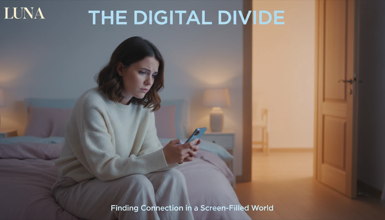 A woman looking at her phone, contemplating the emotional distance in her relationship, illustrating the difficult difference between the silent treatment vs needing space. filename: silent-treatment-vs-needing-space-bestie-ai.webp