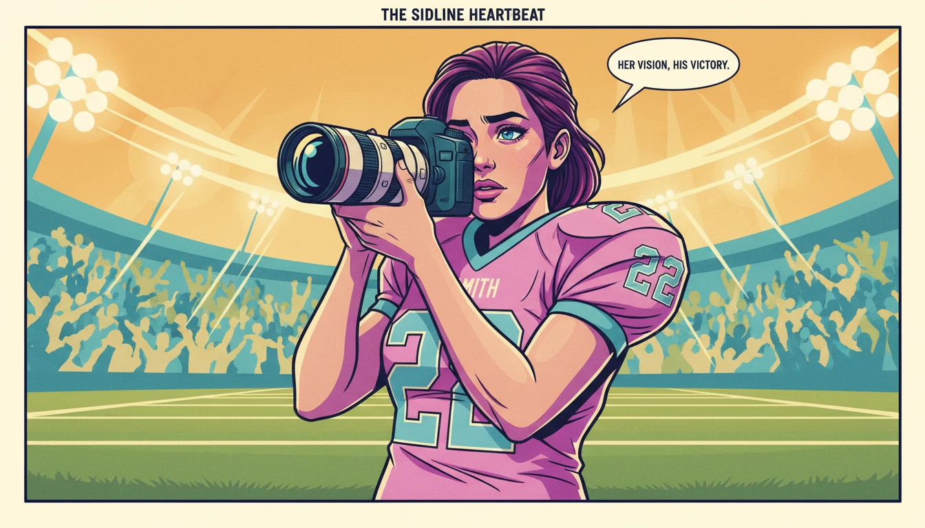 Simone Biles standing on the sidelines holding a camera, illustrating the balance of supporting a high achieving partner, simone-biles-bestie-ai.webp