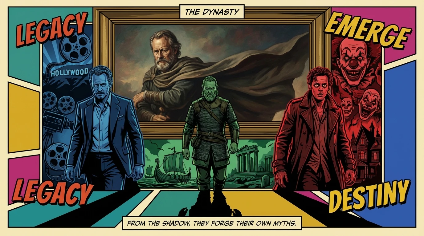 A symbolic image for the Skarsgård family actors guide, showing patriarch Stellan with sons Alexander, Gustaf, and Bill emerging from his shadow into their own distinct spotlights. skarsgard-family-actors-guide-bestie-ai.webp