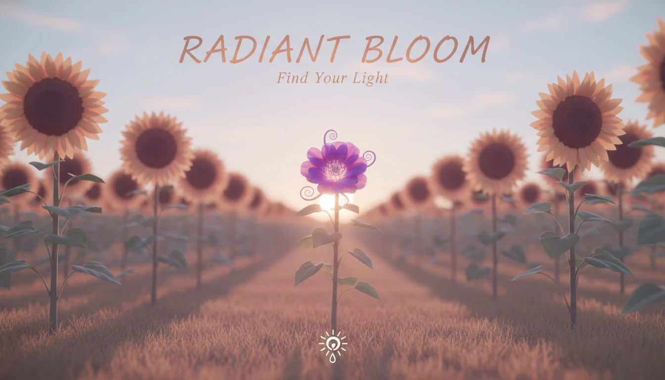A glowing, unique flower stands apart from a field of sunflowers, illustrating the concept of social comparison theory at work and finding your own path. social-comparison-theory-at-work-bestie-ai.webp