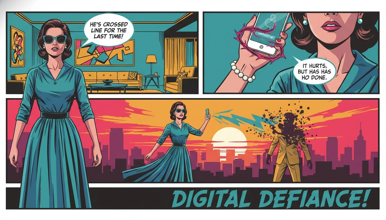 A smartphone on a table illustrating the concept of social media etiquette after a breakup, with a finger about to press an 'unfollow' button surrounded by symbolic thorny vines. social-media-etiquette-after-a-breakup-bestie-ai.webp