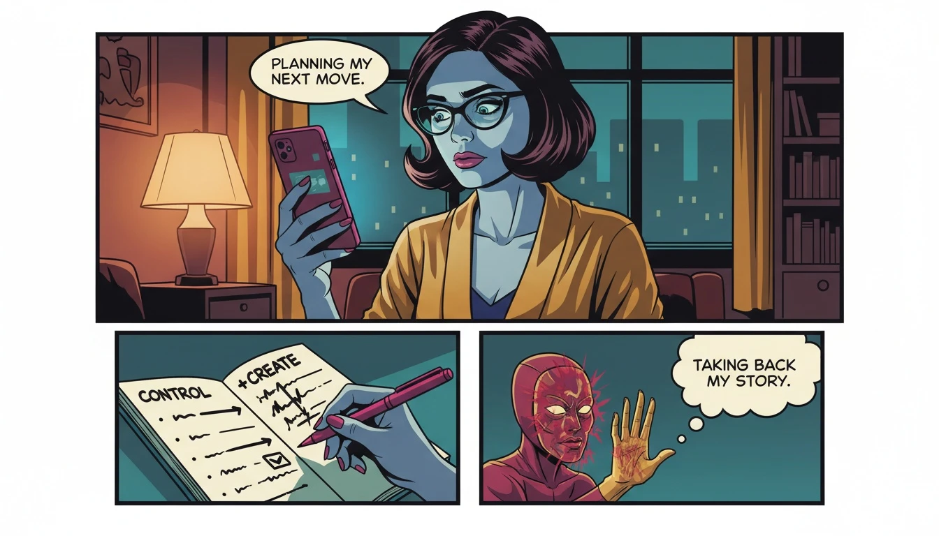 A young woman thoughtfully considering the proper social media etiquette after breakup by journaling instead of posting, showing a moment of quiet dignity and control. social-media-etiquette-after-breakup-bestie-ai.webp