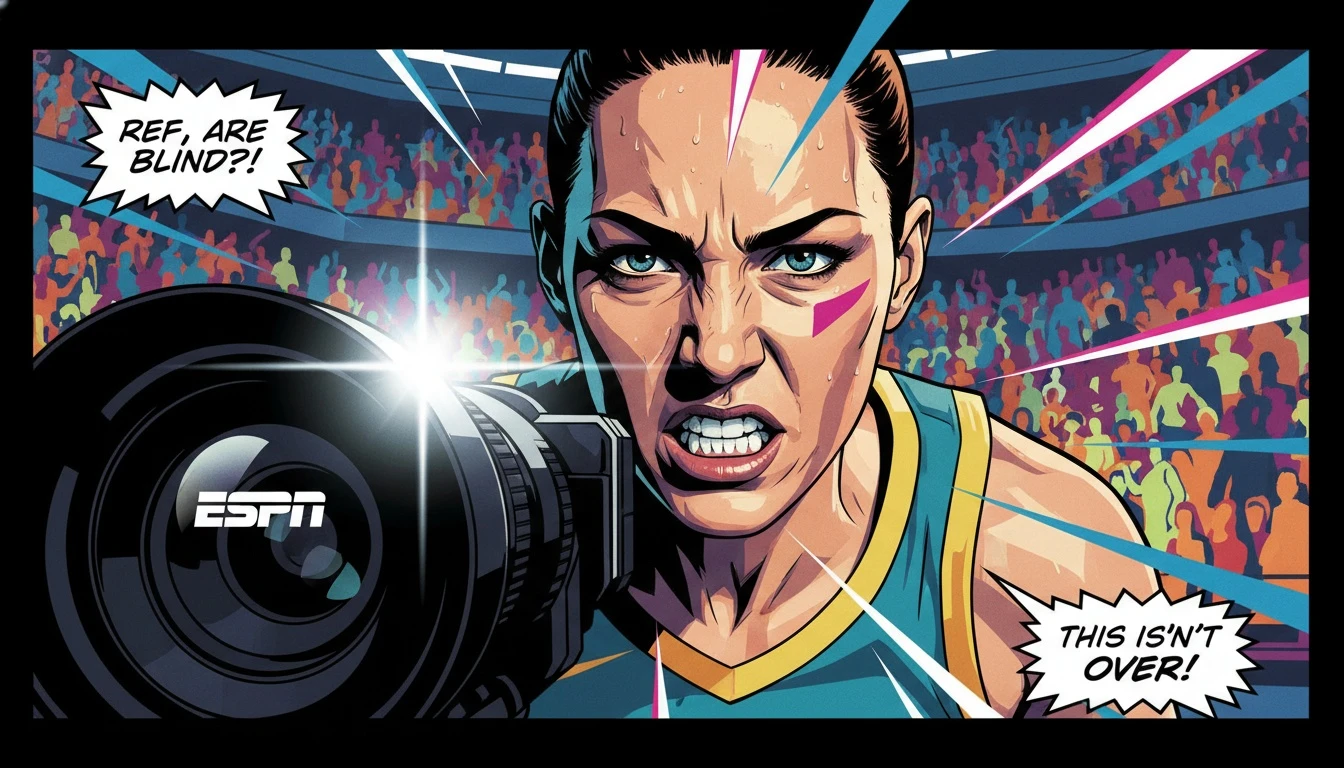 An image depicting the intensity of the Sophie Cunningham controversy, showing a basketball player in a tense on-court moment near a broadcast camera. File: sophie-cunningham-controversy-bestie-ai.webp