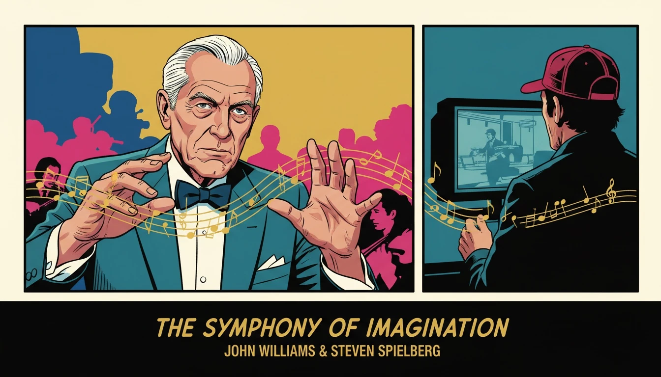 An artistic representation of the Spielberg and John Williams collaboration, showing a conductor's hands weaving musical notes towards a director's silhouette, symbolizing their creative genius. filename: spielberg-and-john-williams-collaboration-bestie-ai.webp