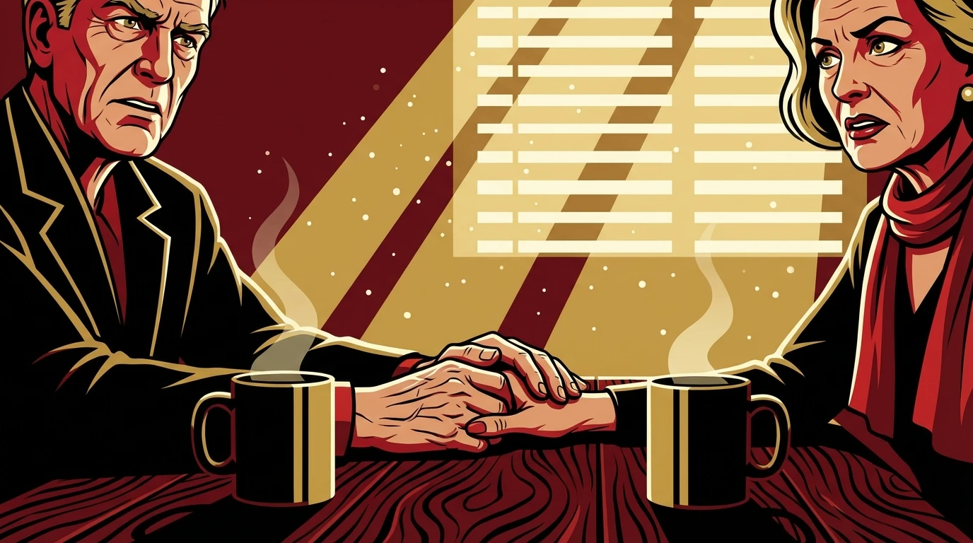 The weathered hands of an older couple intertwined on a table, symbolizing the deep connection found in the later stages of a long term marriage. Filename: stages-of-a-long-term-marriage-bestie-ai.webp