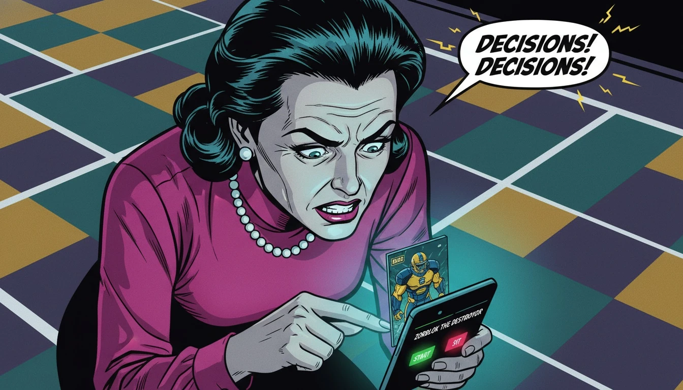 A fantasy football manager contemplates their start sit advice for Drake London, whose player card glows on a smartphone screen in a dimly lit room, representing a tough lineup decision. Filename: start-sit-advice-drake-london-bestie-ai.webp