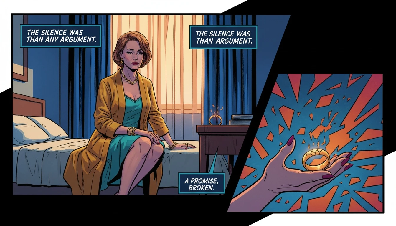 A woman reflecting on staying in an unhappy marriage while looking at a cracked wedding ring, staying-in-an-unhappy-marriage-bestie-ai.webp