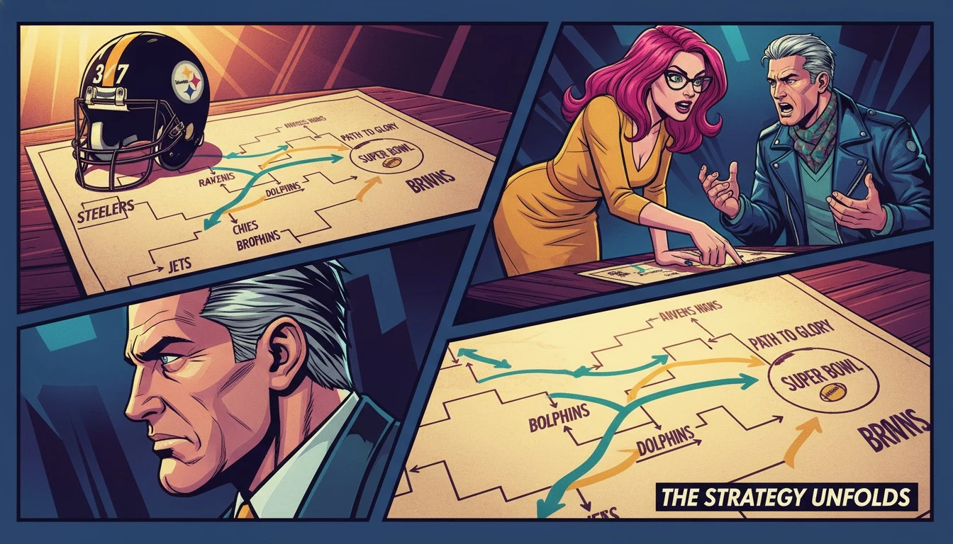 A strategic map outlining the Steelers playoff scenarios after the Lions win, with a helmet resting nearby, symbolizing hope and planning. filename: steelers-playoff-scenarios-after-lions-win-bestie-ai.webp