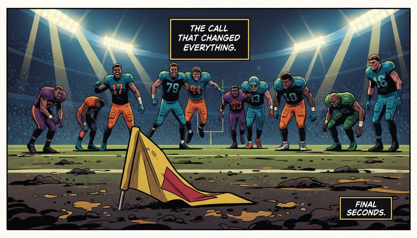 A yellow penalty flag on the field after a controversial play, central to the Steelers vs Lions analysis and post-game debate. Filename: steelers-vs-lions-analysis-pundit-reaction.webp