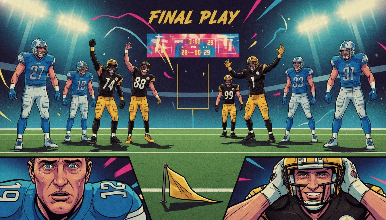 A dramatic depiction of the controversial final moments from the steelers vs lions game highlights, showing players reacting to the game-deciding penalty flag. steelers-vs-lions-game-highlights-bestie-ai.webp