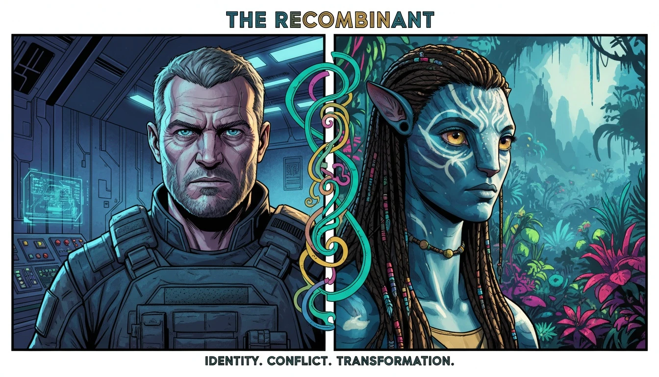 A split image depicting the Colonel Quaritch character arc, with the human version on one side and the Na'vi Recombinant on the other, illustrating the transformation of the character played by Stephen Lang. File name: stephen-lang-colonel-quaritch-character-arc-bestie-ai.webp