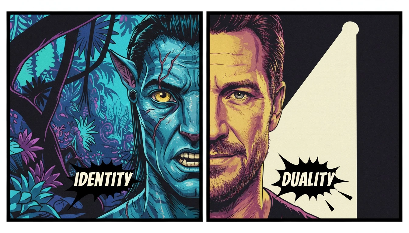 A split image exploring the Stephen Lang interview on Avatar: one side shows the intense villain Quaritch, the other shows the thoughtful actor, symbolizing the psychological divide. Filename: stephen-lang-interview-avatar-quaritch-thoughts-bestie-ai.webp