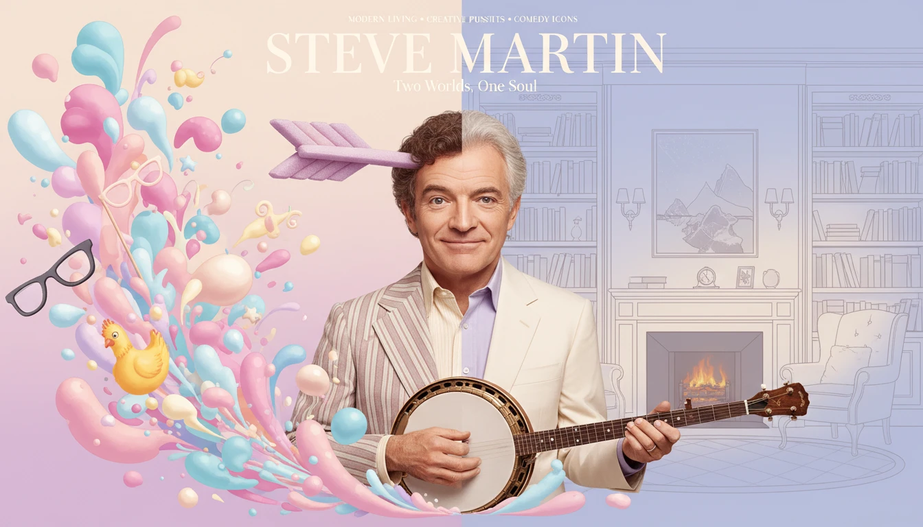 An artistic depiction exploring the Steve Martin biography, showing his evolution from the 'wild and crazy guy' persona to the sophisticated multi-talented artist he is today. steve-martin-biography-origin-story-bestie-ai.webp