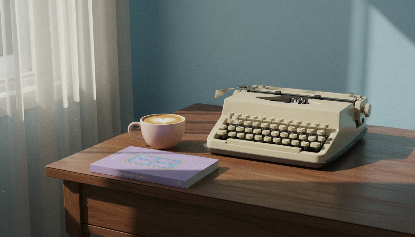 A quiet desk with a typewriter, representing the serious literary work discussed in this Steve Martin books review. filename: steve-martin-books-review-bestie-ai.webp