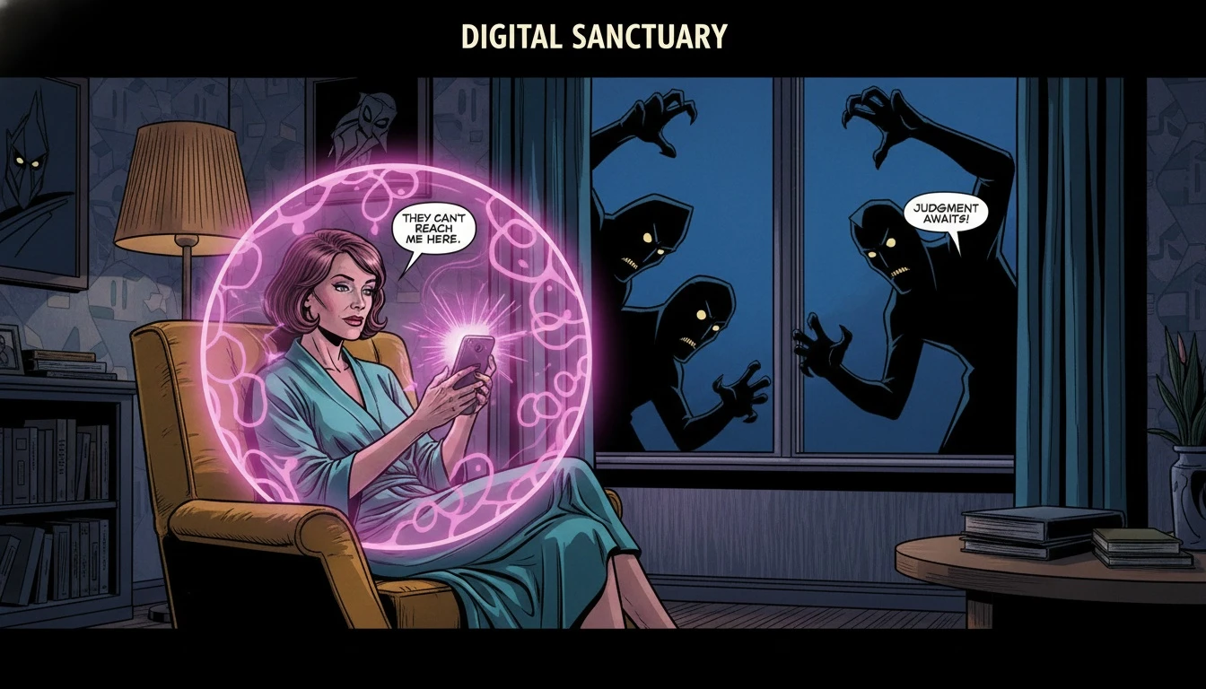 A person finds a safe space to deal with the stigma of using AI for mental health by interacting with their phone in a private room. Filename: stigma-of-using-ai-for-mental-health-bestie-ai.webp