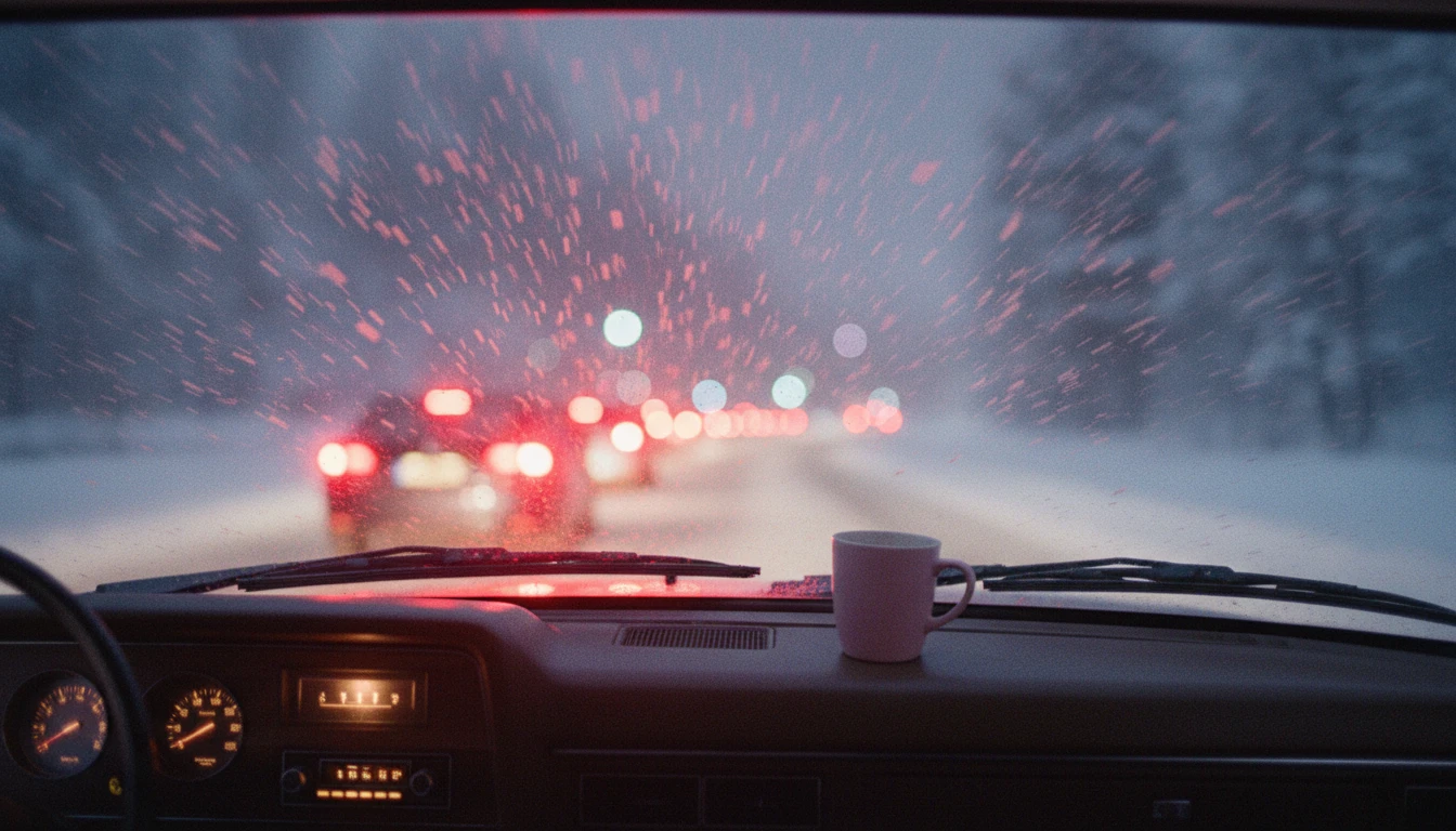 A view from inside a car driving in the snow at night, illustrating the true story behind Driving Home for Christmas and the feeling of a long journey home. story-behind-driving-home-for-christmas-bestie-ai.webp