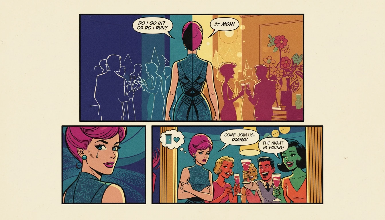 A symbolic image depicting a person's hesitation before trying new strategies for overcoming social anxiety by stepping from shadow into a warmly lit social gathering. Filename: strategies-for-overcoming-social-anxiety-bestie-ai.webp