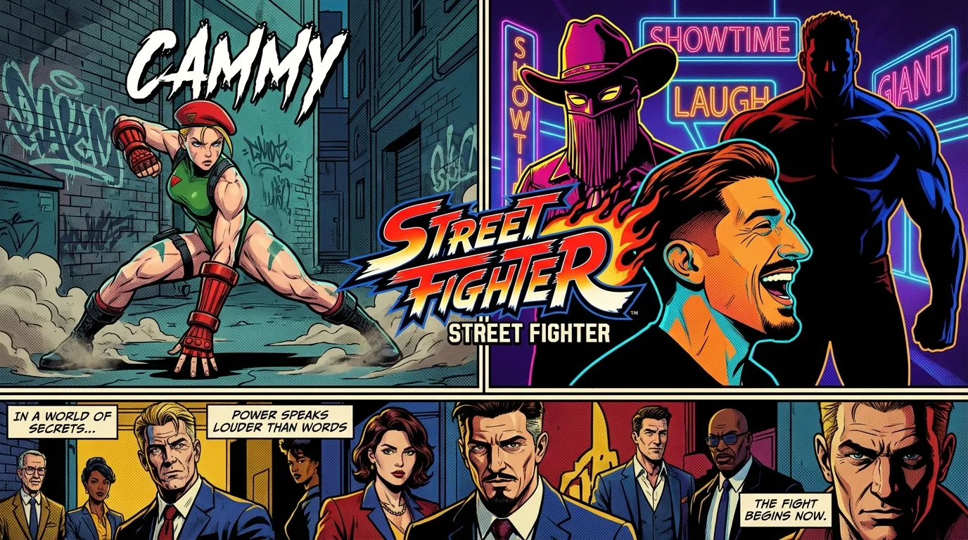 A stylized collage showing the diverse actors of the Street Fighter 2026 movie cast, including Mel Jarnson as Cammy, against a neon-lit backdrop. filename: street-fighter-2026-movie-cast-bestie-ai.webp