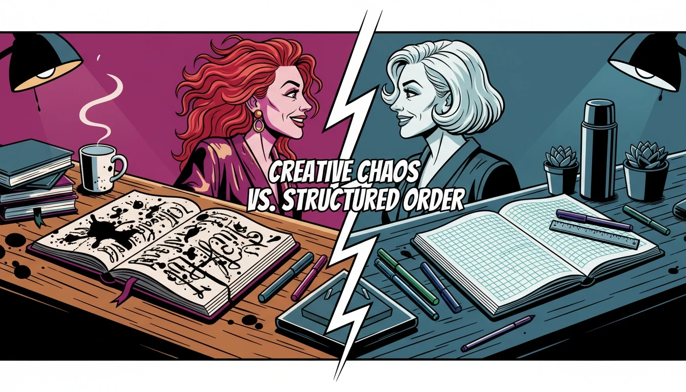 A split image representing the choice of structured journaling vs free writing, with a chaotic, artistic journal on one side and a neat, organized bullet journal on the other, illustrating different journaling techniques. Filename: structured-journaling-vs-free-writing-bestie-ai.webp