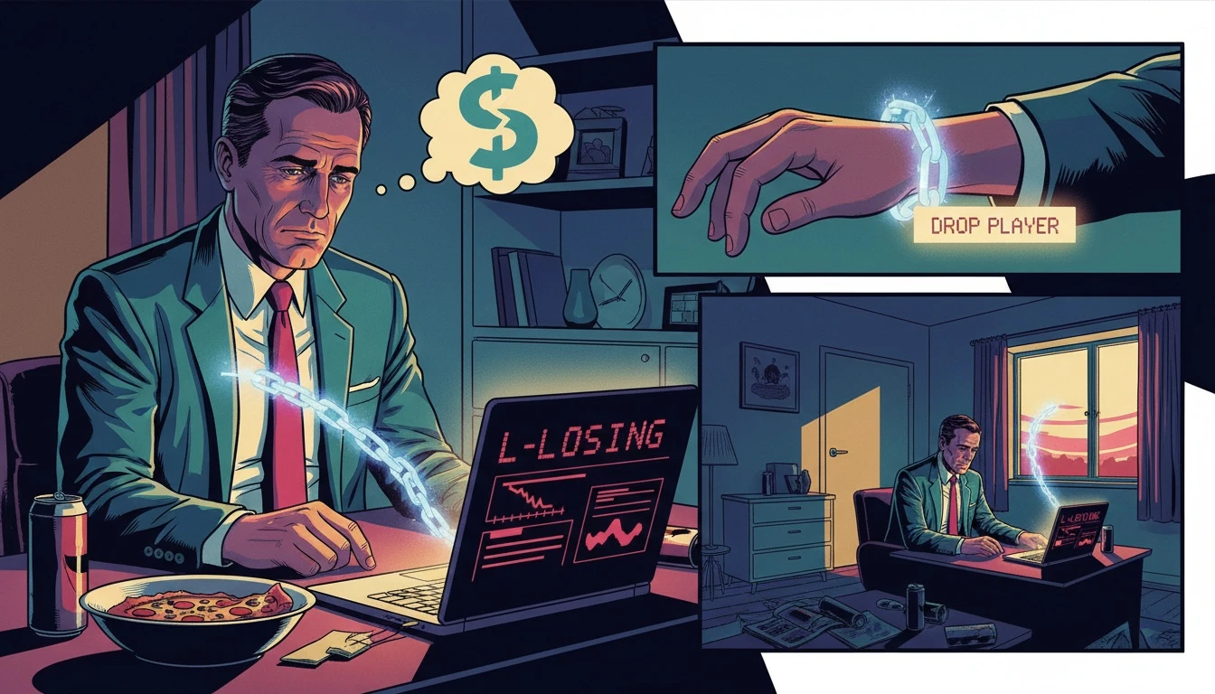 A conceptual image illustrating the sunk cost fallacy in fantasy football, with a stressed manager chained to their losing team on a laptop. sunk-cost-fallacy-fantasy-football-bestie-ai.webp