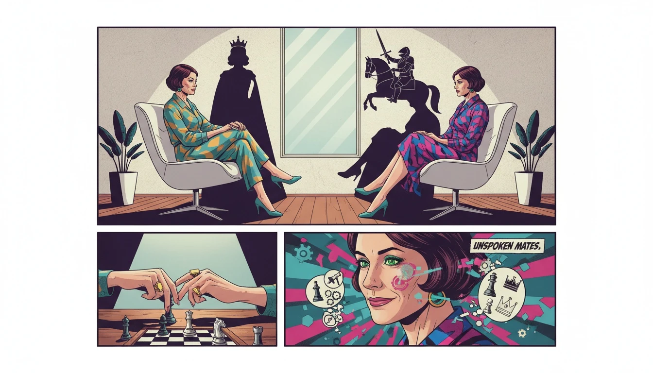 An allegorical image representing the subtle power dynamics in the sydney-sweeney-amanda-seyfried-interview-analysis-bestie-ai.webp, showing two women in a silent chess match of body language.