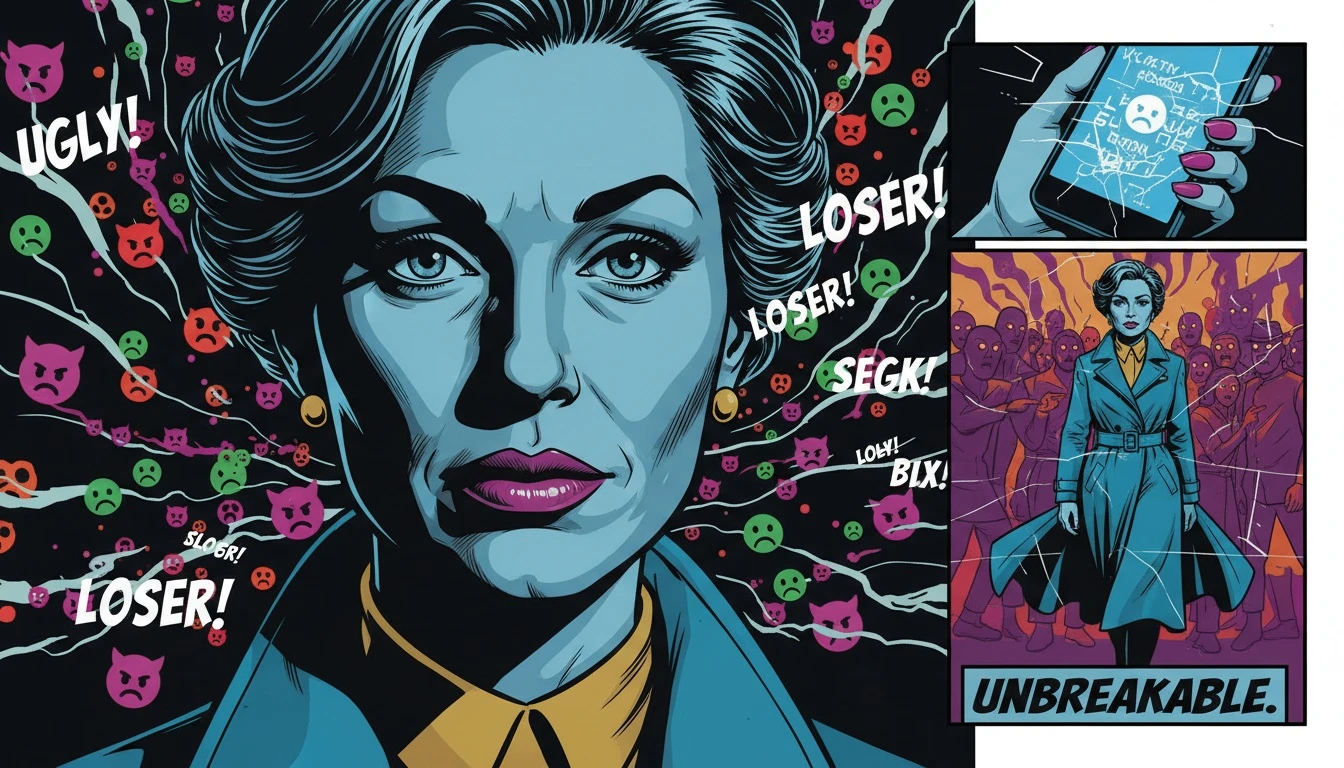 A woman bathed in the blue light of her phone, reflecting on the challenges of Sydney Sweeney online bullying coping strategies to protect her mental health. filename: sydney-sweeney-online-bullying-coping-bestie-ai.webp