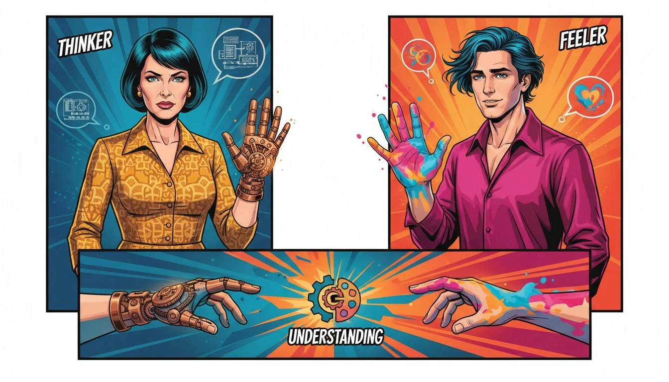 An artistic depiction of T vs F relationship problems being solved, showing a mechanical hand (logic) and a watercolor hand (feeling) learning to connect and understand each other. Filename: t-vs-f-relationship-problems-bestie-ai.webp