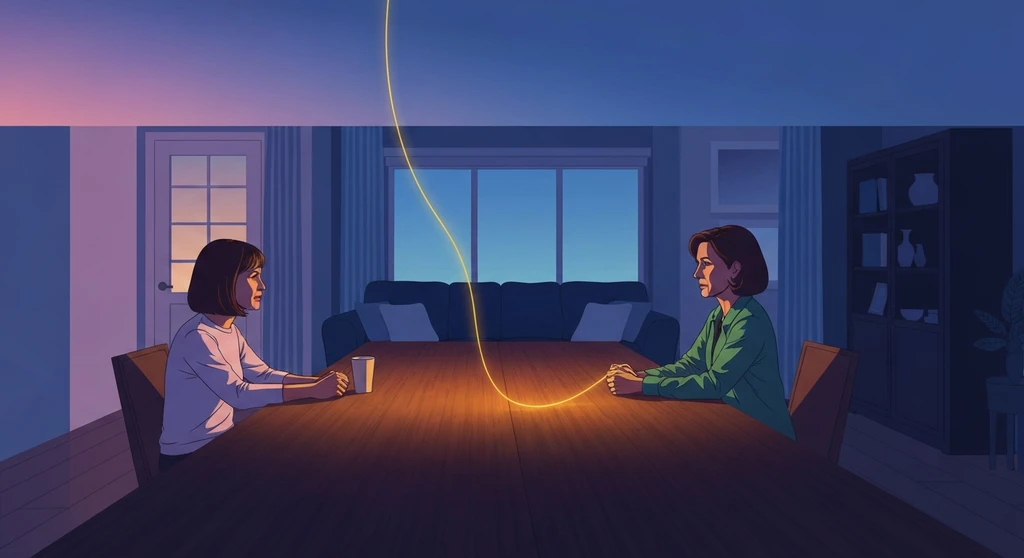 A couple engaged in talking to spouse about resentment represented by a glowing golden thread connecting them in a dim room. talking-to-spouse-about-resentment-bestie-ai.webp
