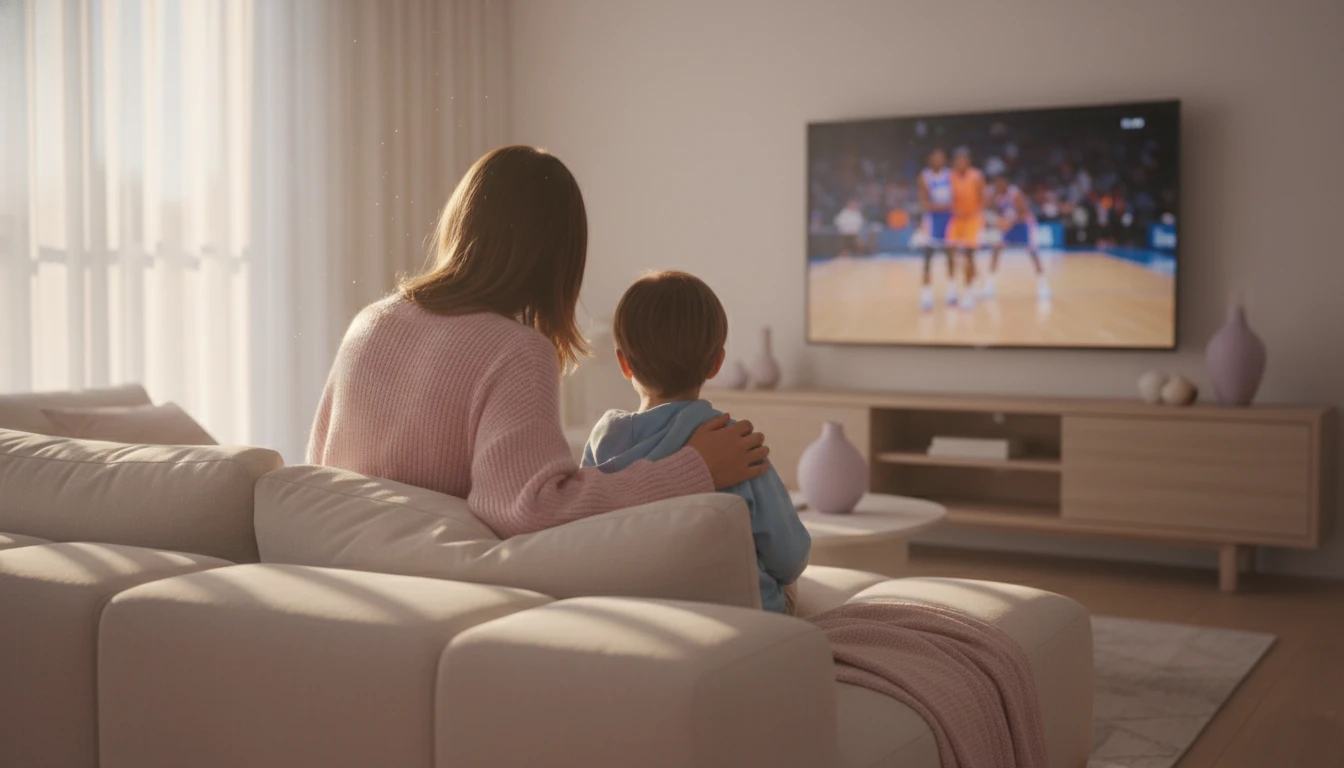 A parent comforting their child while watching sports, illustrating the concept of teaching kids good sportsmanship and focusing on emotional connection. filename: teaching-kids-good-sportsmanship-bestie-ai.webp