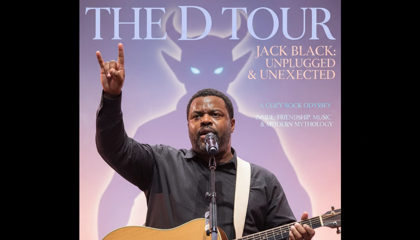 A dynamic image capturing the essence of the Tenacious D band history, with Jack Black performing passionately on stage, hinting at the band's comedic rock mythology. filename: tenacious-d-band-history-jack-black-bestie-ai.webp