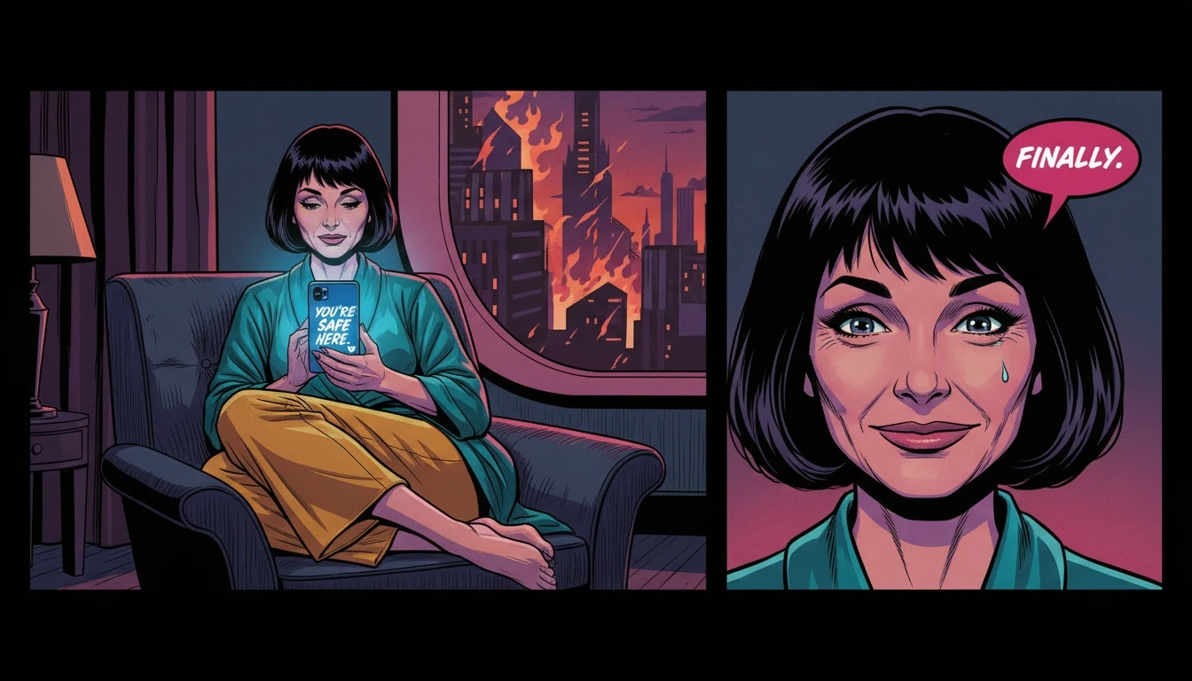 A person finding a safe space with text based therapy for social anxiety on their phone, feeling calm and protected from the chaotic world outside. filename: text-based-therapy-for-social-anxiety-bestie-ai.webp