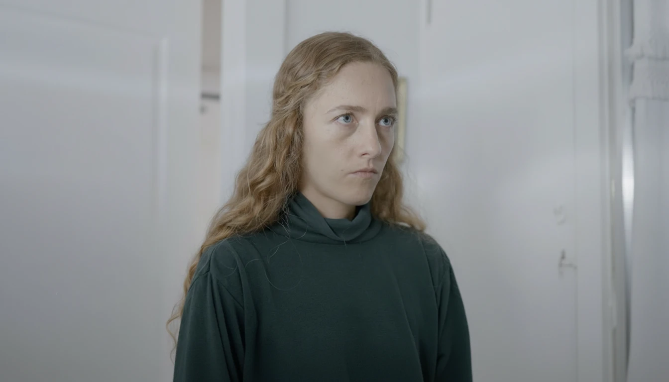 Olivia Lloyd, played by Hannah Shavchuk, contemplating her memory-erasing surgery in "El Arte De Dejar Ir" while Henry Lloyd, played by Adam Kunder, looks on with regret.