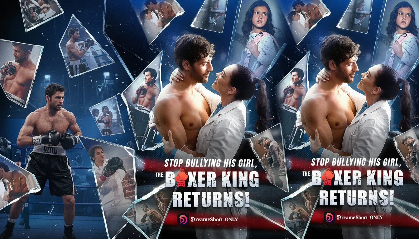 A dramatic image featuring a determined boxer, a woman with a pained expression, and a young girl, symbolizing the family reunion in The Boxer King Returns!