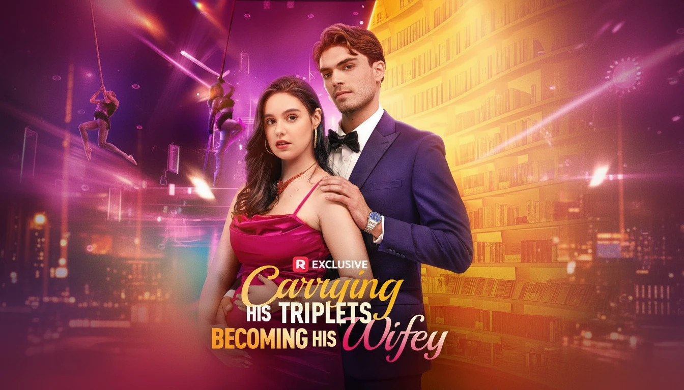 A dramatic image of a woman with triplets and a powerful CEO, symbolizing the plot of Carrying His Triplets Becoming His Wifey.