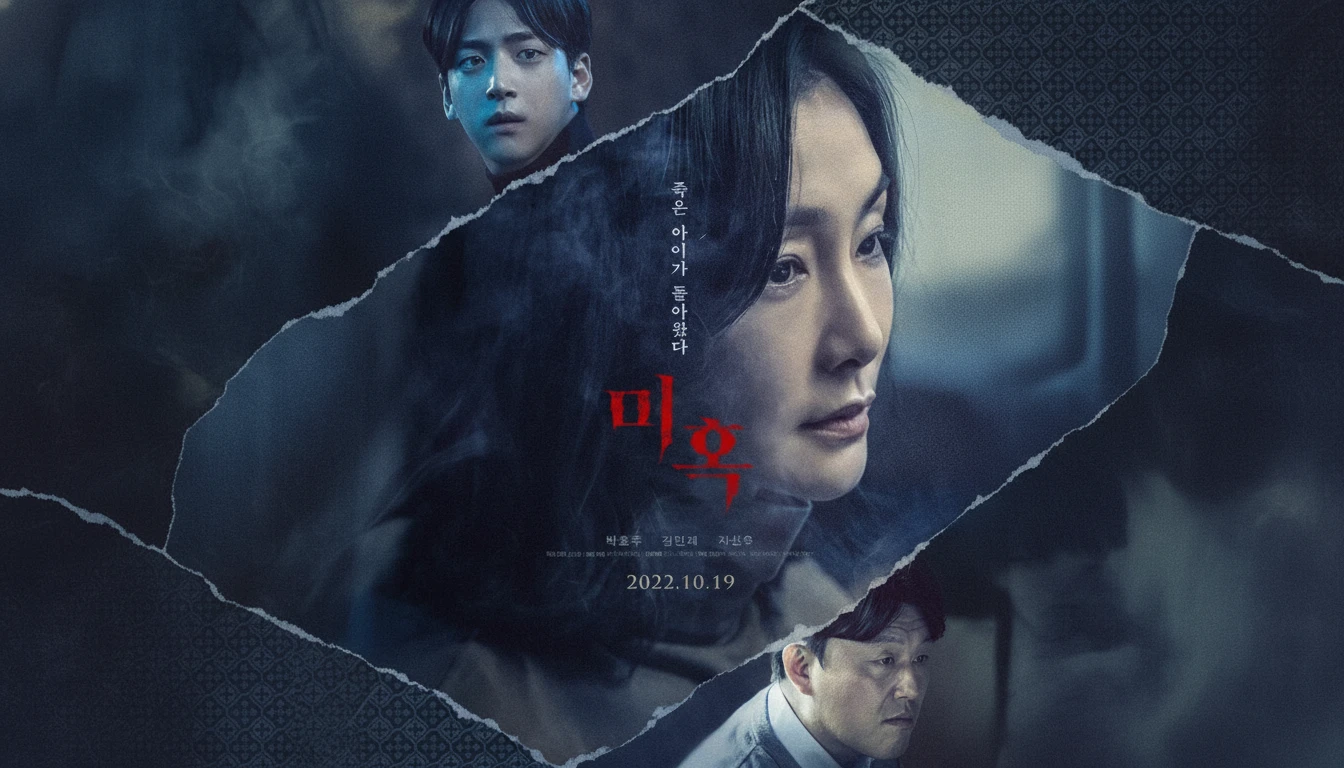 A dark, atmospheric still from The Other Child, featuring the distraught mother Hyun-woo, symbolizing the psychological horror and hidden grief within the family.